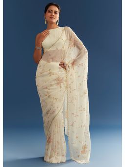 KALKI FASHION - White Crushed Tissue Sequined Cut Dana Saree with Unstitched Blouse