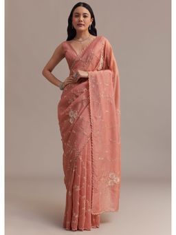 KALKI FASHION - Peach Crushed Tissue Cut Dana Sequined Jaal Work Saree with Unstitched Blouse