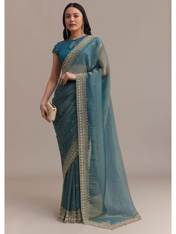 KALKI FASHION - Blue Crushed Tissue Cut Dana Sequined Work Saree with Unstitched Blouse