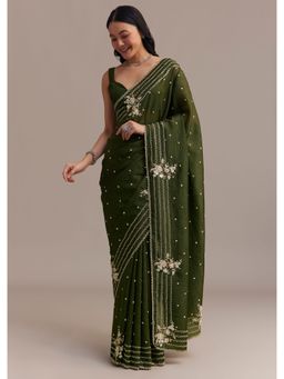 KALKI FASHION - Mehendi Green Crushed Tissue Cut Dana Sequined Work Saree with Unstitched Blouse