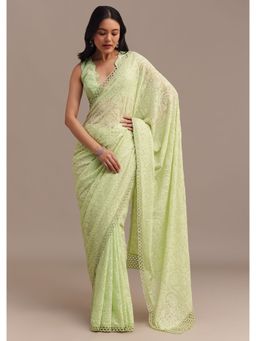 KALKI FASHION - Light Green Georgette Chikankari Embroidered Saree with Unstitched Blouse