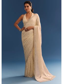 KALKI FASHION - Off White Georgette Chikankari Embroidered Saree with Unstitched Blouse