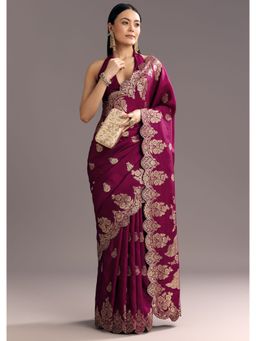 KALKI FASHION - Wine Dola Silk Floral Woven Motif Scallop Border Saree with Unstitched Blouse