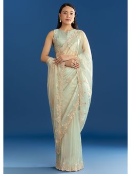 KALKI FASHION - Sea Green Organza Tissue Cut Dana Border Saree with Unstitched Blouse