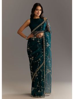 KALKI FASHION - Teal Tissue Sequined Cut Dana Work Saree with Unstitched Blouse