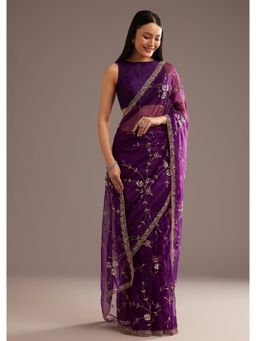 KALKI FASHION - Purple Organza Tissue Sequined Cut Dana Jaal Saree with Unstitched Blouse