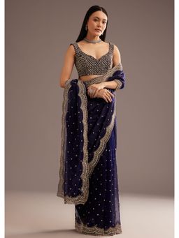 KALKI FASHION - Navy Blue Organza Sequined Cut Dana Stone Work Saree with Unstitched Blouse
