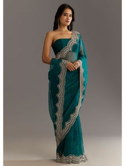 KALKI FASHION - Teal Embellished Tissue Cut Dana Sequined Border Saree with Unstitched Blouse