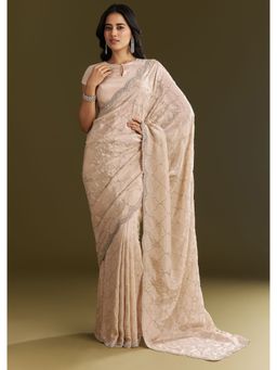 KALKI FASHION - Beige Tissue Sequined Cut Dana Stone Work Saree with Unstitched Blouse
