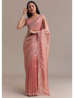 KALKI FASHION - Metallic Pink Organza Cut Dana Sequined Work Saree with Unstitched Blouse