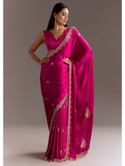 KALKI FASHION - Rani Pink Chinon Sequined Cut Dana Butta Border Saree with Unstitched Blouse