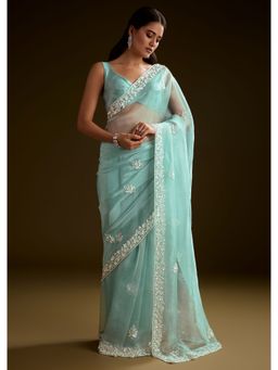 KALKI FASHION - Sky Blue Tissue Embroidery Sequined Saree with Unstitched Blouse