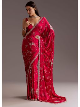 KALKI FASHION - Red Chinon Floral Cut Dana Sequined Saree with Unstitched Blouse