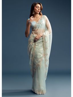 KALKI FASHION - Powder Blue Tissue Embellished Cut Dana Saree with Unstitched Blouse