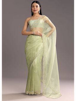 KALKI FASHION - Apple Green Glass Tissue Sequined Cut Dana Saree with Unstitched Blouse