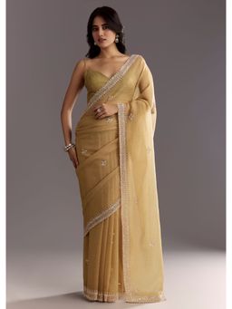 KALKI FASHION - Mehendi Olive Crushed Tissue Sequined Cutwork Border Saree with Unstitched Blouse