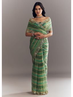 KALKI FASHION - Green Tissue Stripes Sequined Scallop Border Saree with Unstitched Blouse