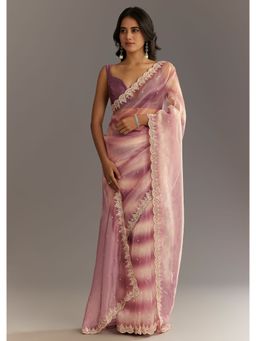 KALKI FASHION - Lavender Organza Sequined Cutwork Scallop Beads Border Saree with Unstitched Blouse