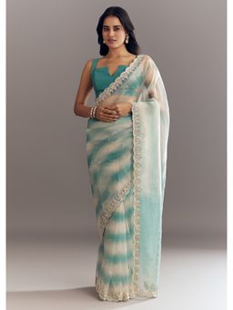KALKI FASHION - Blue Shaded Organza Moti Sequined Cutwork Border Saree with Unstitched Blouse