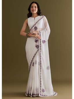 KALKI FASHION - White Georgette Kashmiri Bud Floral Embroidery Saree with Unstitched Blouse