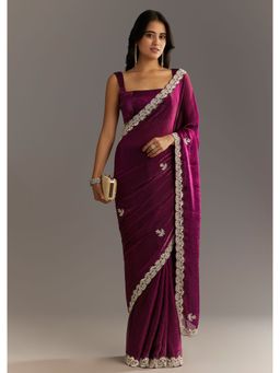 KALKI FASHION - Wine Satin Sequined Stone Work Saree with Unstitched Blouse