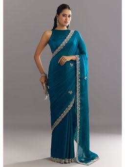 KALKI FASHION - Blue Satin Sequined Stone Work Saree with Unstitched Blouse