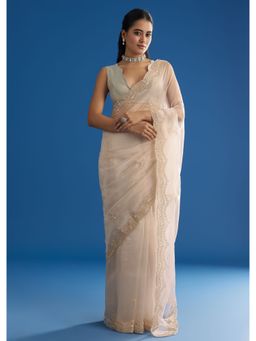 KALKI FASHION - Beige Glass Tissue Cut Dana Scallop Border Saree with Unstitched Blouse