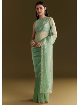 KALKI FASHION - Pista Green Organza Sequined Stone Work Scallop Border Saree with Unstitched Blouse