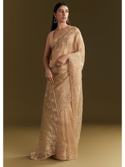 KALKI FASHION - Gold Tissue Sequined Heavy Cut Dana Beads Work Saree with Unstitched Blouse