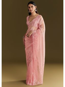 KALKI FASHION - Blush Pink Tissue Sequined Heavy Cut Dana Beads Work Saree with Unstitched Blouse