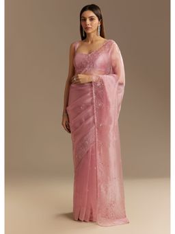 KALKI FASHION - Pink Organza Sequined Scallop Border Saree with Unstitched Blouse
