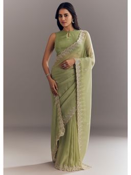 KALKI FASHION - Pista Green Tissue Leaf Motif Sequined Cut Dana Saree with Unstitched Blouse