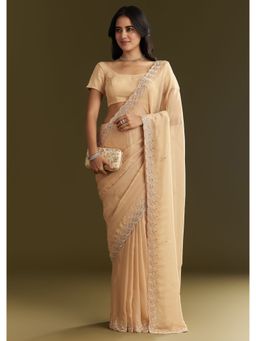 KALKI FASHION - Beige Tissue Leaf Motif Sequined Cut Dana Saree with Unstitched Blouse