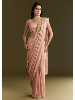 KALKI FASHION - Beige Tissue Moti Cut Dana Sequined Scallop Border Saree with Unstitched Blouse