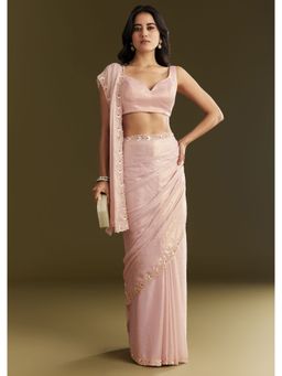 KALKI FASHION - Pink Tissue Moti Cut Dana Sequined Scallop Border Saree with Unstitched Blouse