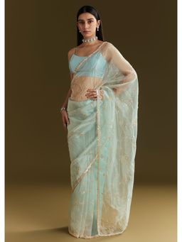 KALKI FASHION - Powder Blue Tissue Sequined Cut Dana Scallop Border Saree with Unstitched Blouse