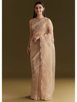 KALKI FASHION - Beige Glass Tissue Sequined Scallop Border Saree with Unstitched Blouse