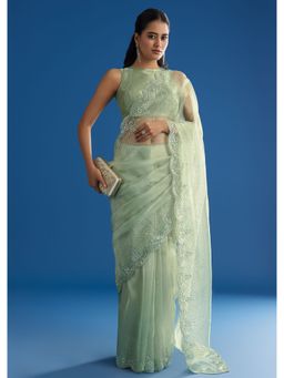 KALKI FASHION - Green Glass Tissue All Over Cut Dana Sequined Saree with Unstitched Blouse