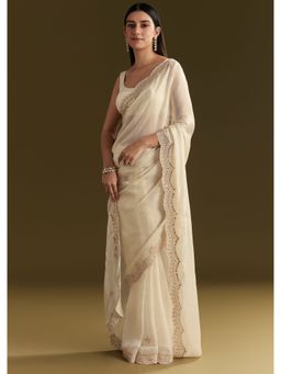 KALKI FASHION - Off White Satin Embroidered Gota Patti Work Saree with Unstitched Blouse