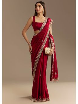 KALKI FASHION - Red Satin Sequined Stone Work Scallop Border Saree with Unstitched Blouse
