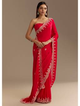 KALKI FASHION - Red Satin Embellished Zardozi Scallop Border Saree with Unstitched Blouse