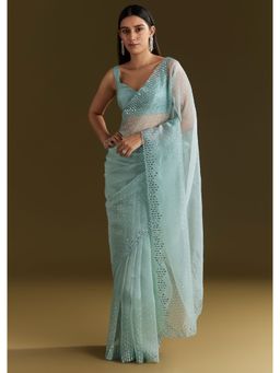 KALKI FASHION - Light Blue Glossy Organza Sequined Mirror Work Saree with Unstitched Blouse
