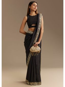 KALKI FASHION - Black Crushed Tissue Cut Dana and Stone Work Saree with Unstitched Blouse