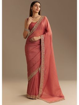 KALKI FASHION - Rust Crushed Tissue Cut Dana and Stone Work Saree with Unstitched Blouse