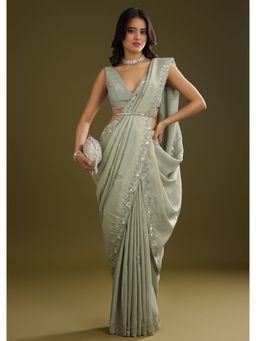 KALKI FASHION - Sage Green Tissue Cut Dana and Sequined Work Saree with Unstitched Blouse