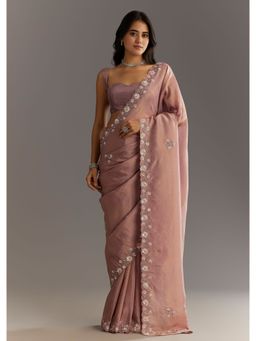 KALKI FASHION - Dusty Rose Pink Tissue Sequined Scallop Border Saree with Unstitched Blouse