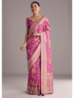 KALKI FASHION - Onion Pink Dola Silk Floral Woven Jaal Weave Saree with Unstitched Blouse