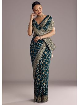 KALKI FASHION - Peacock Teal Georgette Floral Woven Saree with Unstitched Blouse