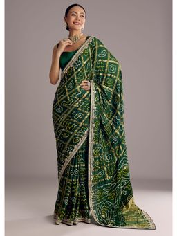 KALKI FASHION - Deep Green Satin Bandhani Printed Gota Work Saree with Unstitched Blouse