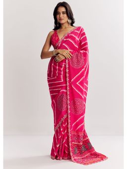 KALKI FASHION - Pink Satin Printed and Mirror Work Saree with Unstitched Blouse